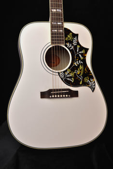 alpine white gloss acoustic guitar body with sound hole, hummingbird pickguard, and bridge