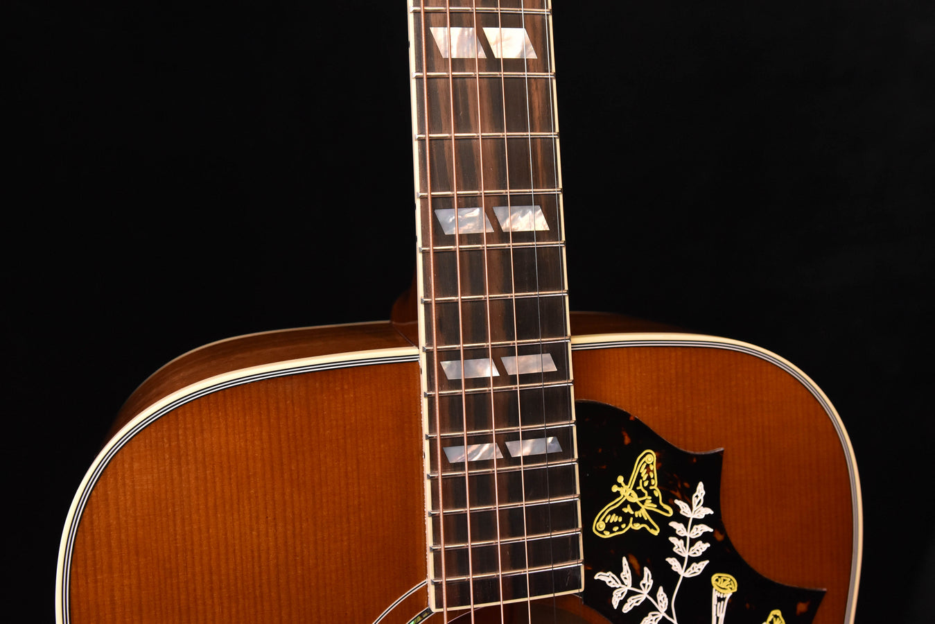 Acoustic guitar neck and upper bout with mother-of-pearl style inlays and pickguard art