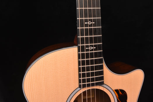 guitar neck and upper bout detail with fret markers and rosette around the sound hole