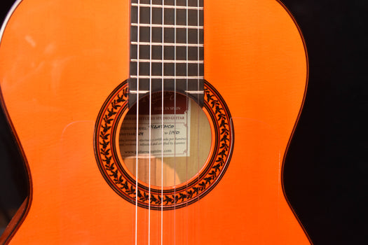 close-up of flamenco guitar soundhole rosette and label on orange top