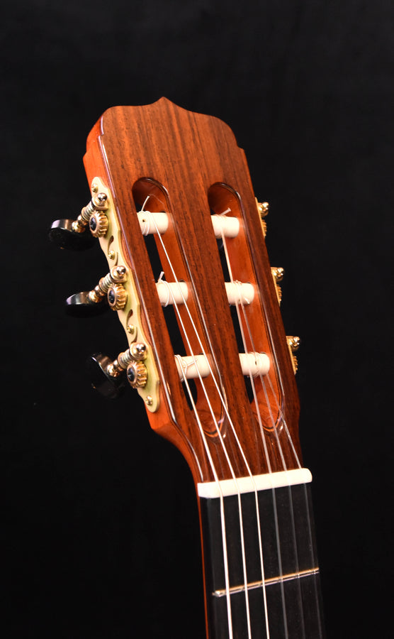 Flamenco guitar headstock and tuning pegs, warm wood finish, dark fretboard