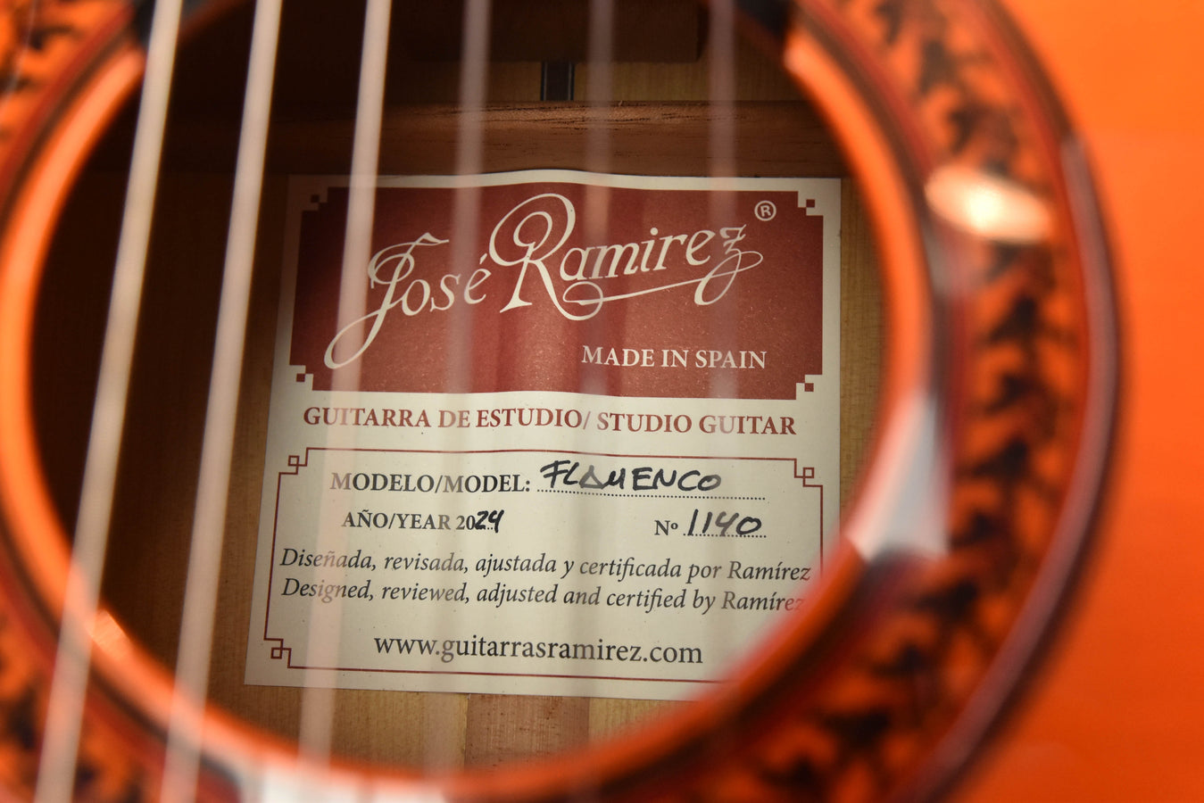 Jose Ramirez guitar label on orange rosette area, model 'Flamenco' and number