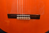 Flamenco guitar bridge with white strings across dark bridge plate