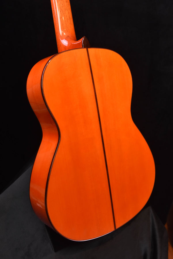 Flamenco guitar side profile with orange body and dark binding along edge