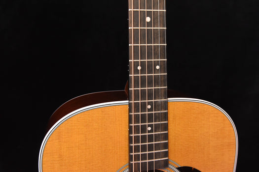 acoustic guitar neck and frets above the light wood body with rosette trim