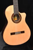 Cutaway classical guitar body with decorative rosette, bridge, and soundhole pickup area