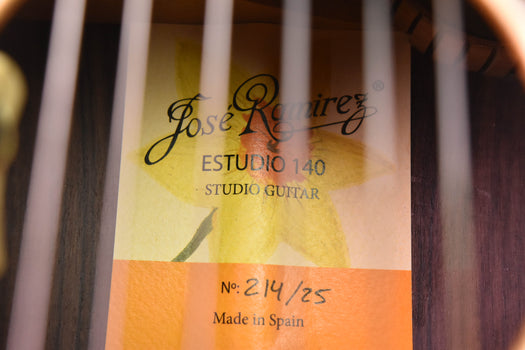 paper label on the guitar inside: jose ramirez estudio 140 studio guitar, no. 214/25