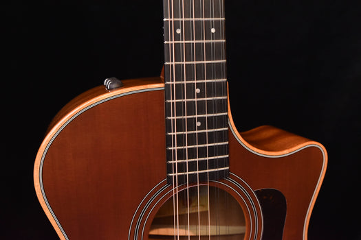 honeyburst 12-string acoustic guitar close-up of upper bout, sound hole and strings