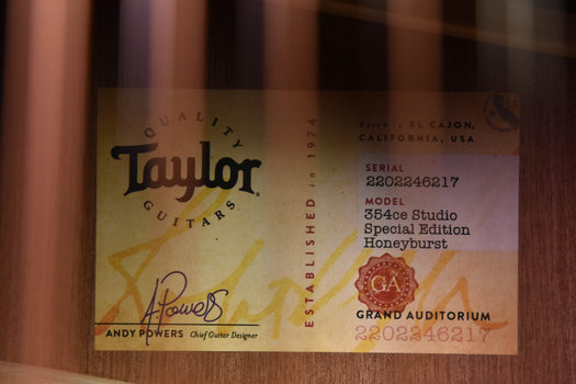 taylor guitar serial/spec label on wood back, printed details