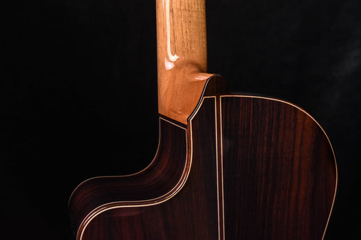 upper bout and side profile of cutaway classical guitar with dark back