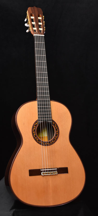 Klassische Gitarre mit Zedern-Top, Zierrosette am Schallloch und Saiten