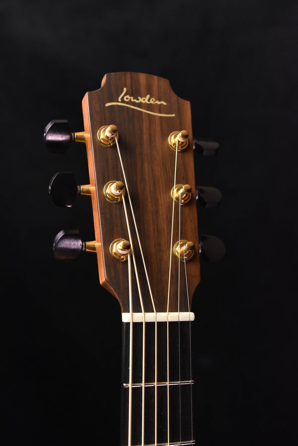 Used Lowden 32SE headstock with gold tuners and decorative inlay logo