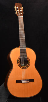 classical guitar with natural wood finish, decorative rosette, front view.