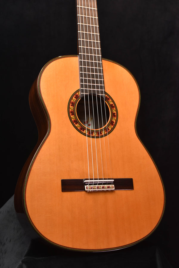 Classical guitar with natural soundboard and ornate rosette, front view.