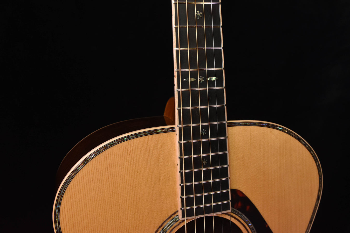 Jumbo acoustic guitar neck and upper bout, bound edges and fret markers