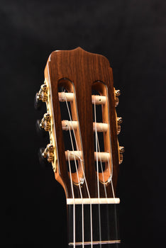 classical guitar headstock with tuning machines, side view.