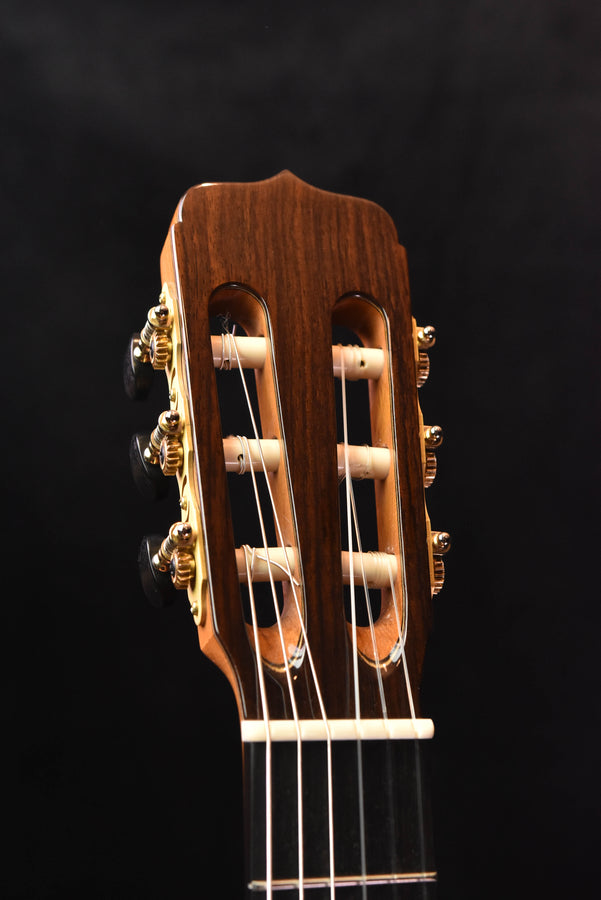 Classical guitar headstock with tuning machines, side view.