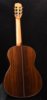 classical guitar back with dark wood finish and center seam, full view.