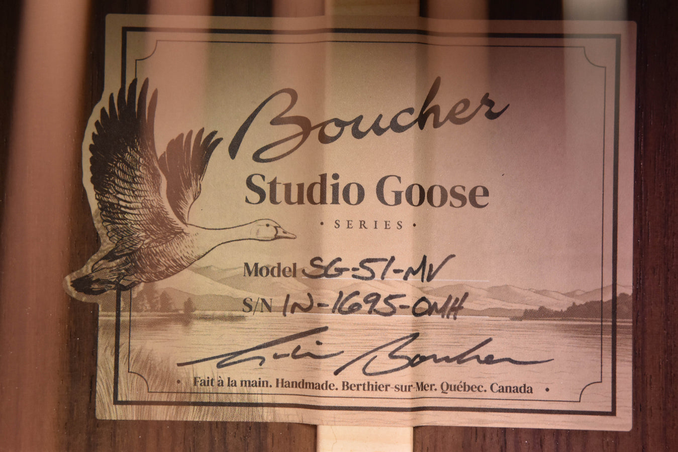 Boucher Studio Goose model SG-51-MV authenticity label with signature and text
