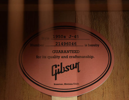 j-45 acoustic guitar label with serial number and gibson guarantee stamp