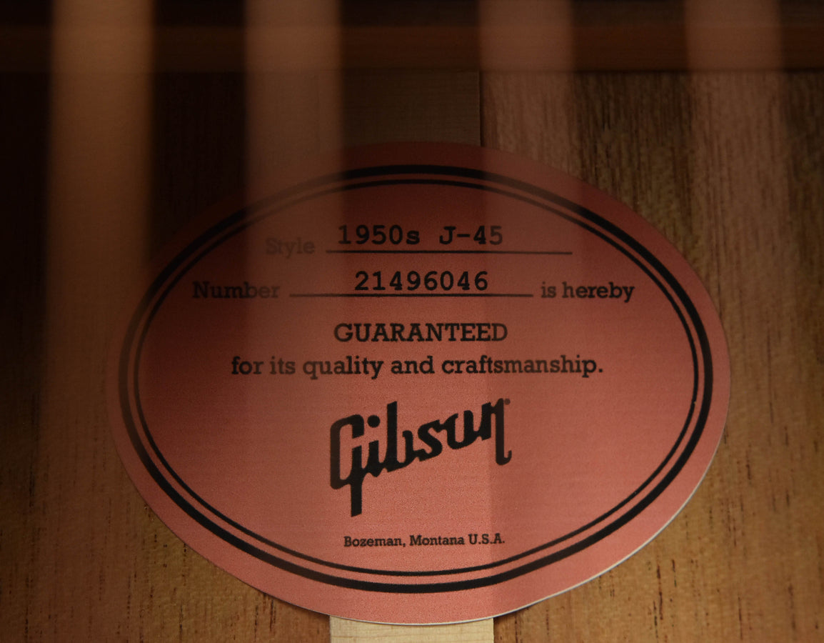 J-45 acoustic guitar label with serial number and Gibson guarantee stamp