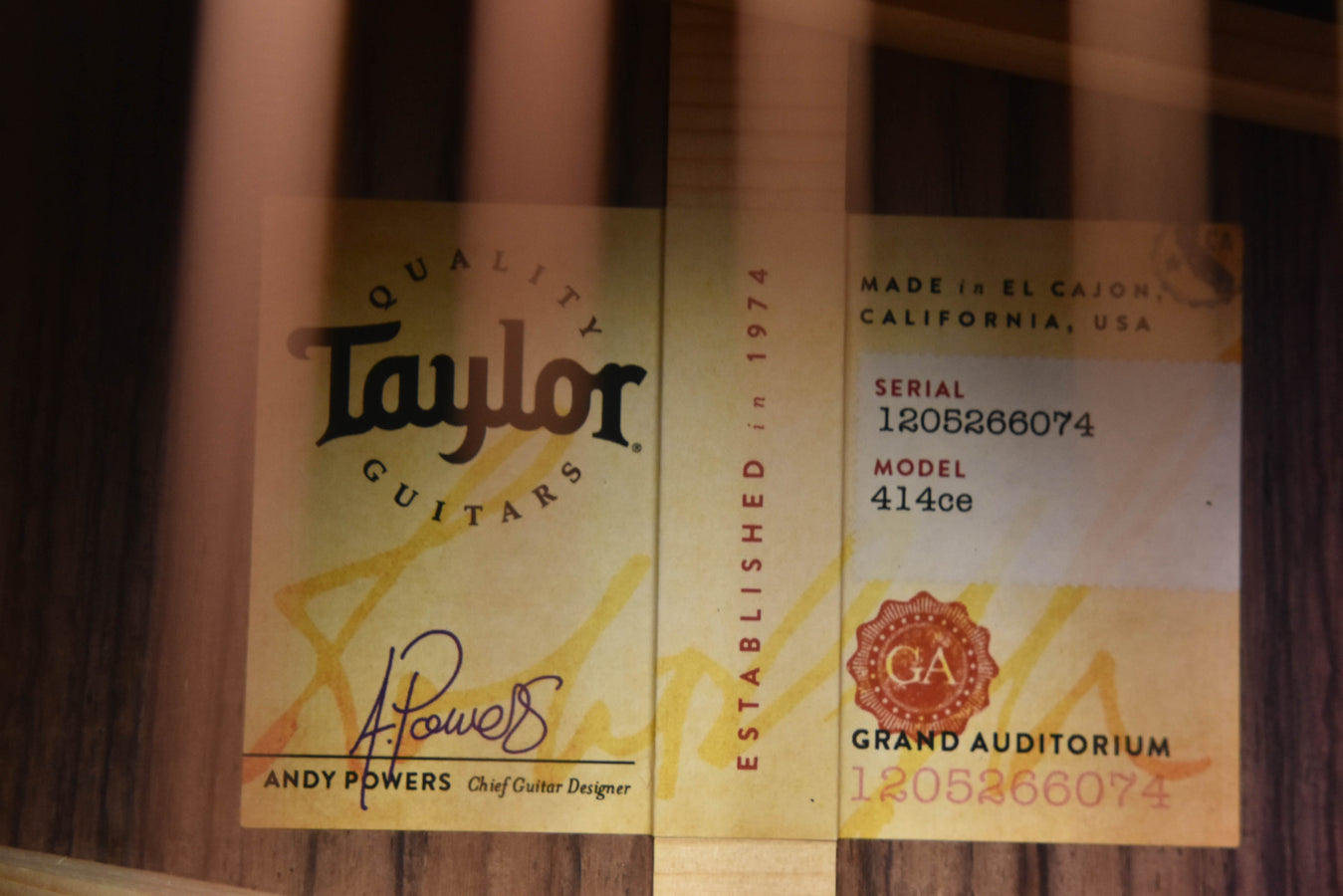 Taylor guitar case label with serial and model information stickers