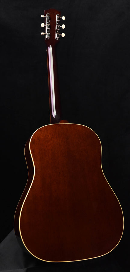 J-45 acoustic guitar back view with dark wood finish and white binding