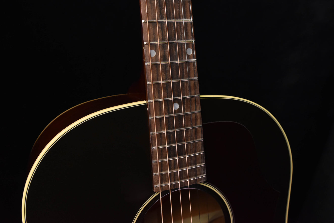 Acoustic guitar neck with maple fretboard, dot inlays, and gloss finish