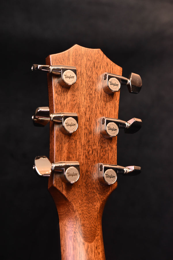 Acoustic guitar headstock close-up with tuning machines and Taylor logo
