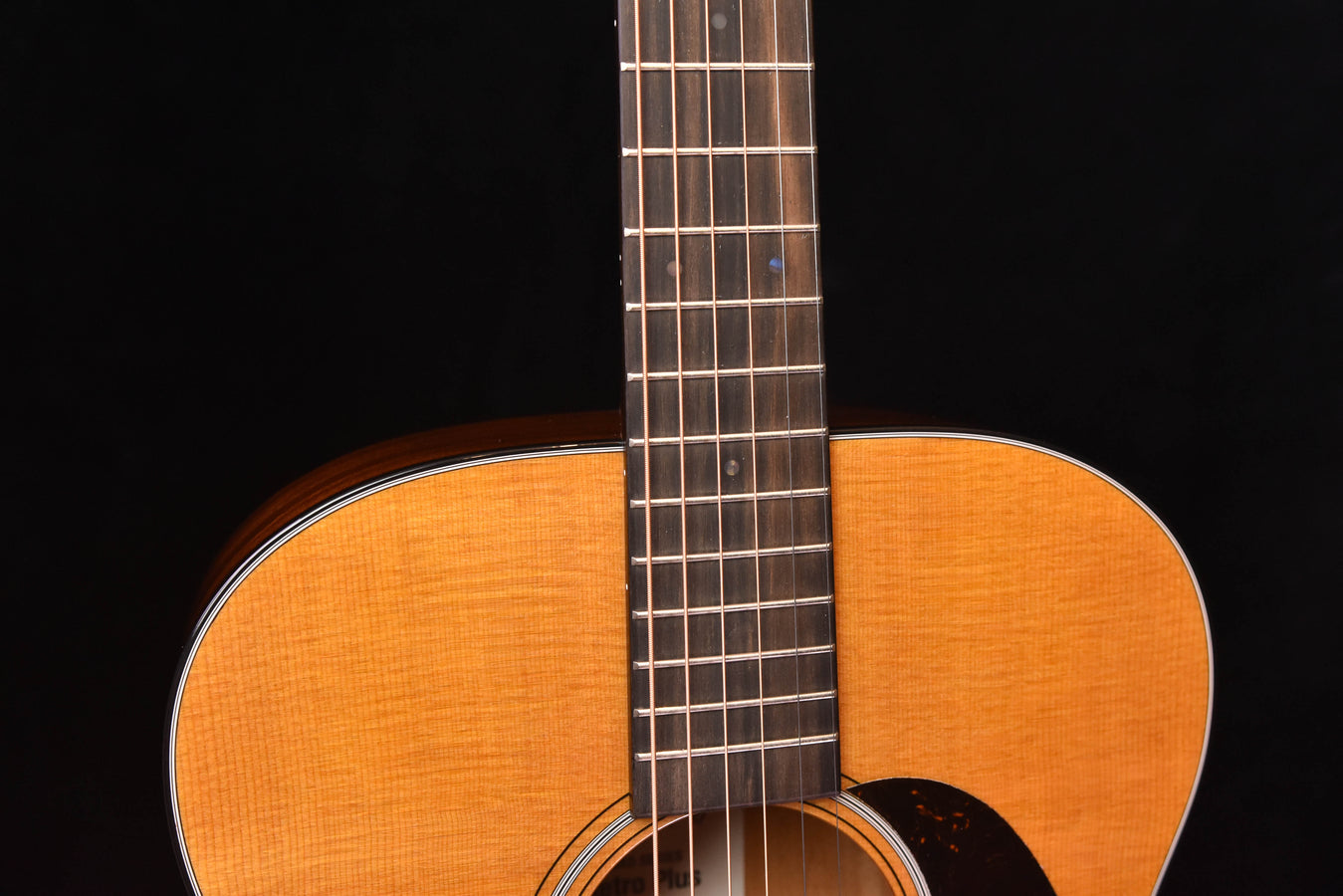 Retro Plus guitar close-up of fretboard and upper soundhole area