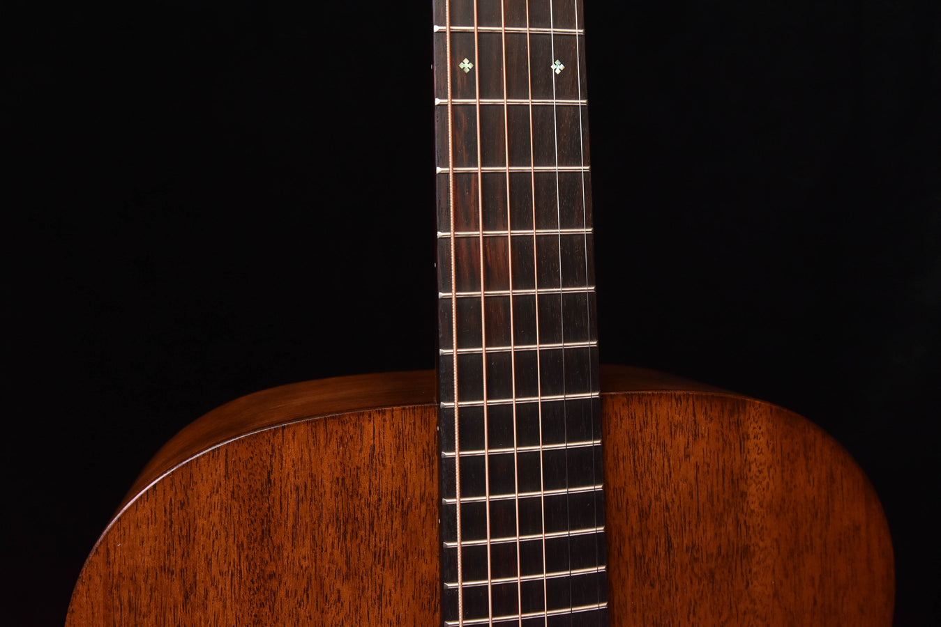 Martin acoustic guitar neck close-up showing frets and dot inlays