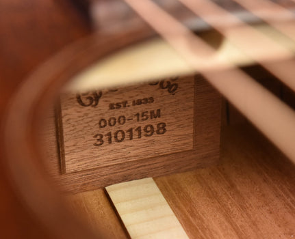 martin acoustic guitar label on neck block: 000-15m, serial 3101198