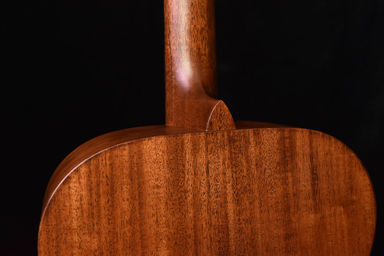Martin acoustic guitar top shoulder close-up with carved wood edge