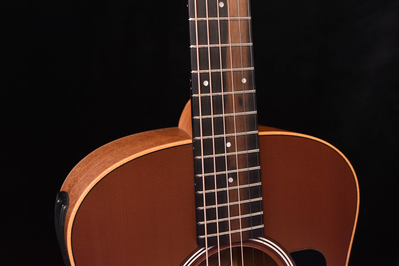 GS Mini-e Honeyburst acoustic-electric guitar neck and fretboard close-up