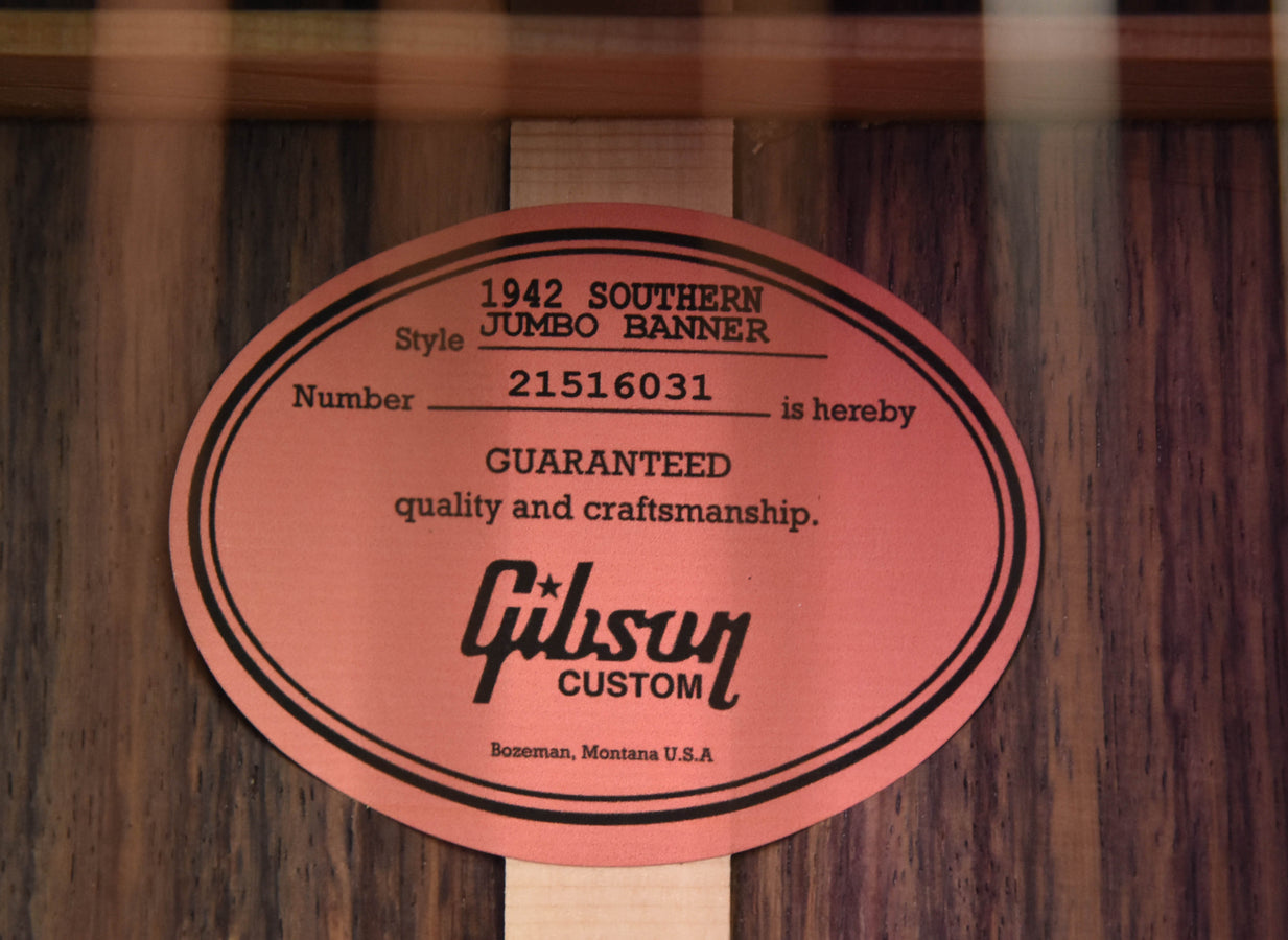 Gibson guitar neck heel label showing “1942 SOUTHERN JUMBO BANNER” and “GUARANTEED”