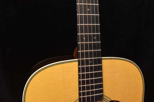 acoustic guitar neck and fretboard close-up with dot inlays