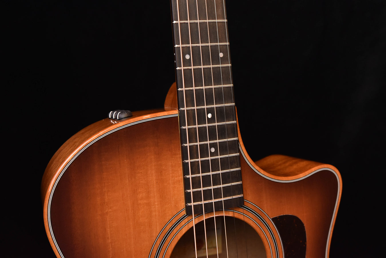 Taylor acoustic guitar neck and upper bout with dot fretboard inlays
