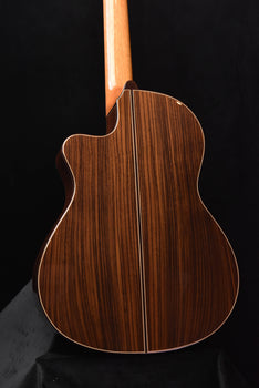cutaway classical guitar side view with dark striped wood top and curved body