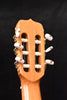 Cutaway classical guitar headstock with white tuning buttons and tuning pegs