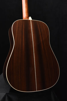 dreadnought acoustic guitar back view in dark wood with light binding