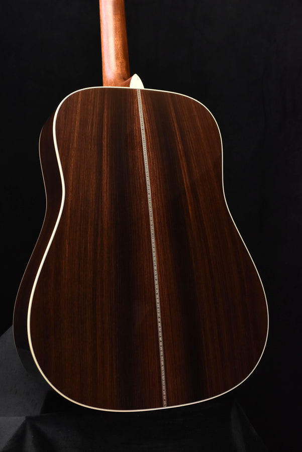 Dreadnought acoustic guitar back view in dark wood with light binding