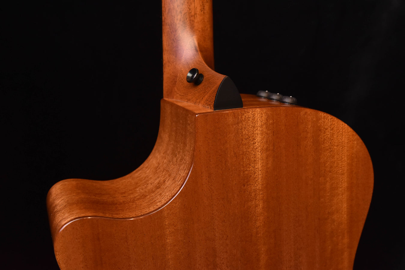 Taylor acoustic guitar side profile near the neck joint and strap button