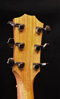 acoustic guitar headstock with six tuning machines and visible string posts