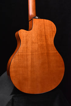back view of acoustic-electric crossover guitar, natural wood finish