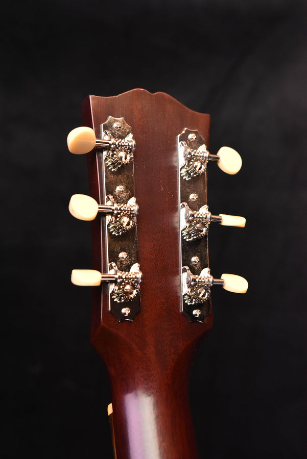 Acoustic guitar headstock close-up with multiple chrome tuning pegs and dark logo