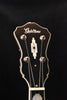Gold Tone five-string banjo headstock with tuning pegs and logo, brown finish