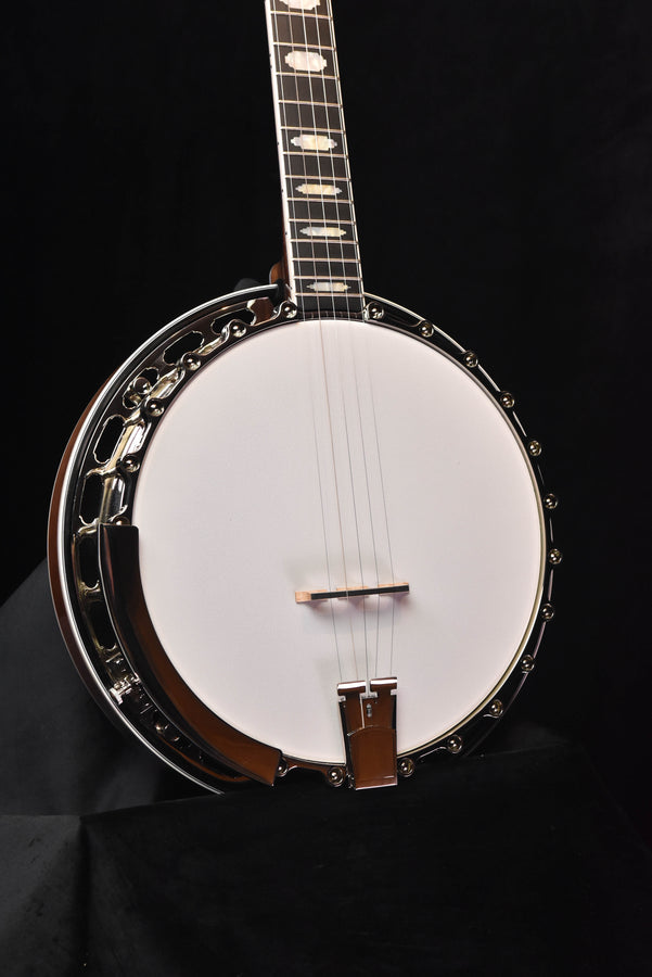Banjo with white drumhead, dark metal rim, and neck with frets and strings