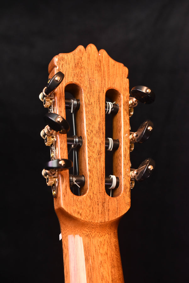 Classical guitar headstock close-up with tuning machines and branding plate