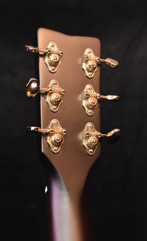 acoustic guitar headstock with six gold tuning machines