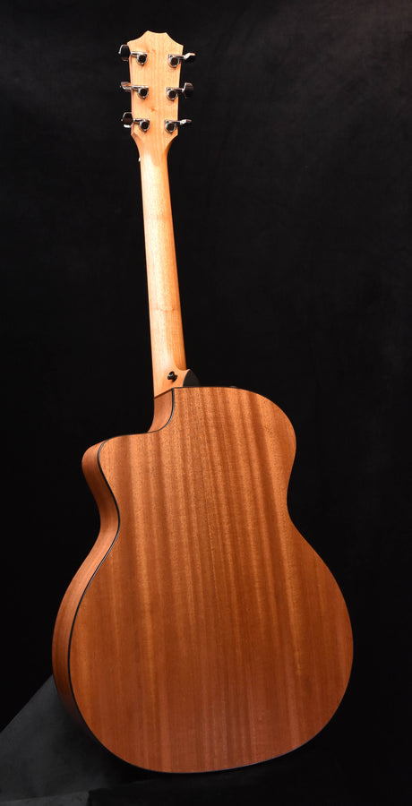 Acoustic guitar back view in natural wood finish with tuning headstock.